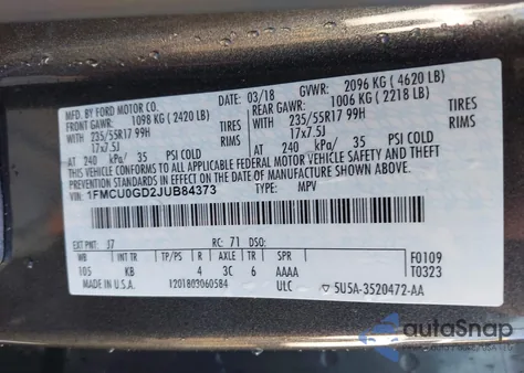 2018 Ford Escape Se from USA, damaged, VIN 1FMCU0GD2JUB84373